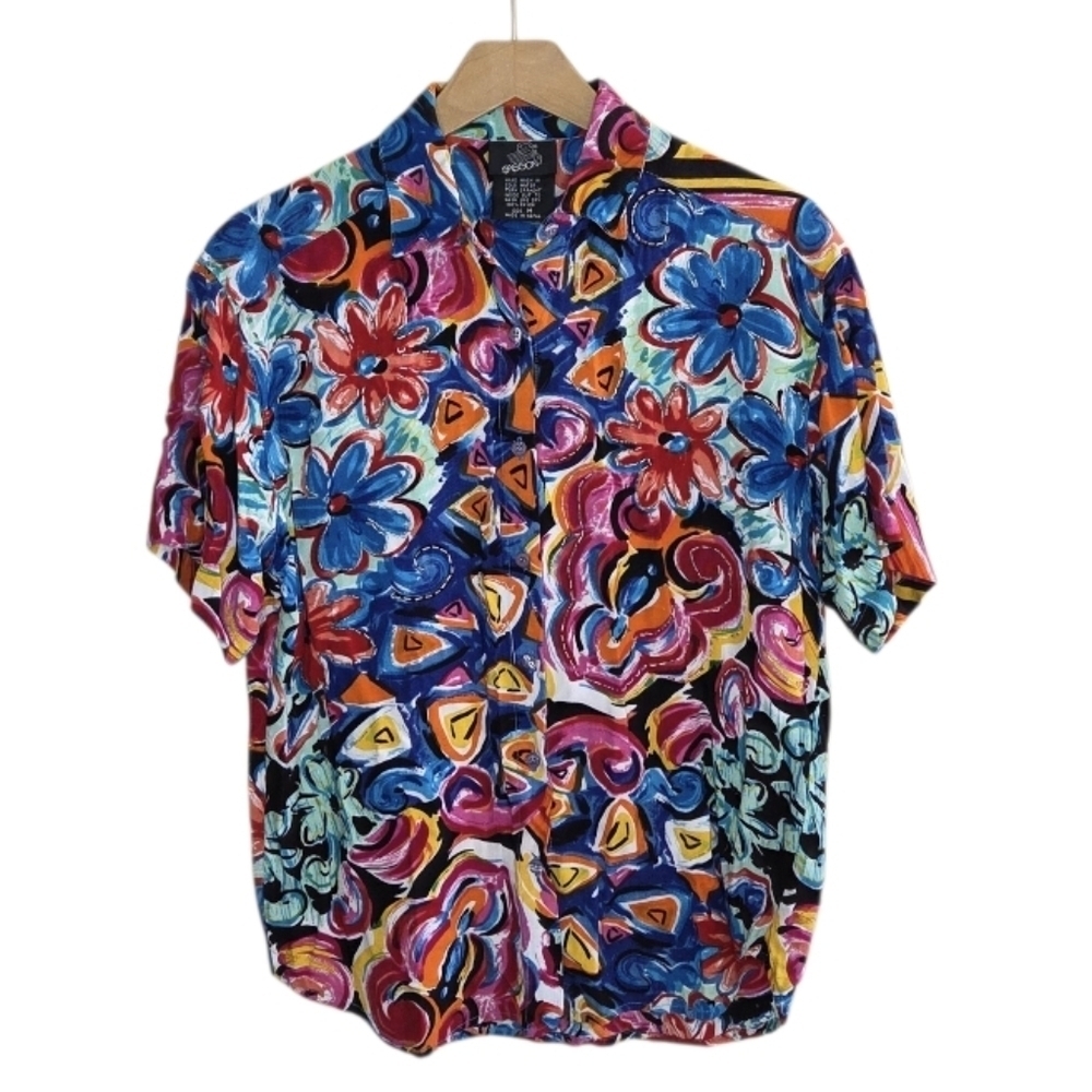Vintage 90s Sasson Colorful Beaded Embellished Short Sleeve Camp Shirt Medium